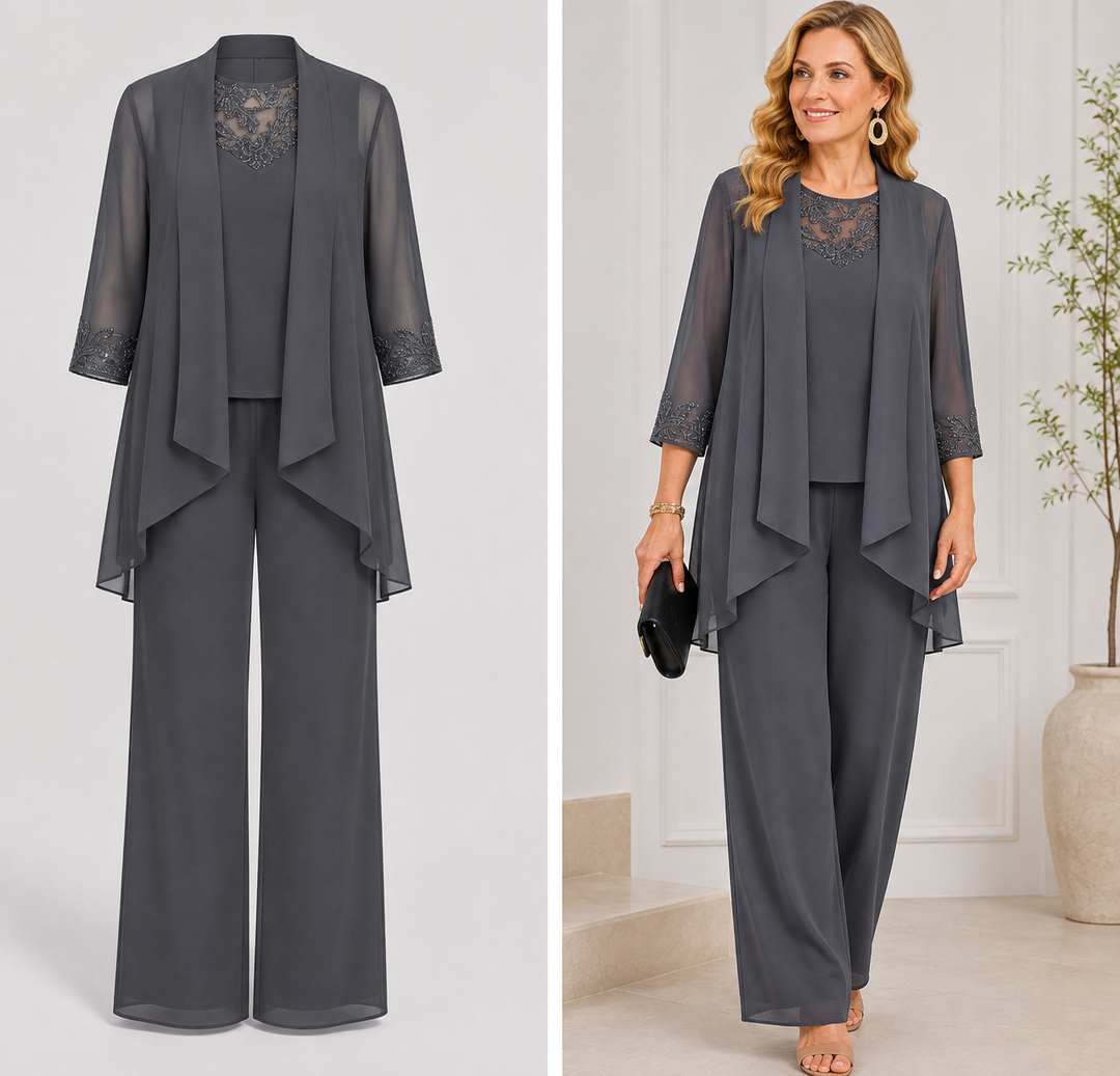 Genevieve™ | Elegant Slate Grey Lace Overlay 3-Piece Set