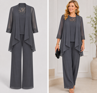 Genevieve™ | Elegant Slate Grey Lace Overlay 3-Piece Set