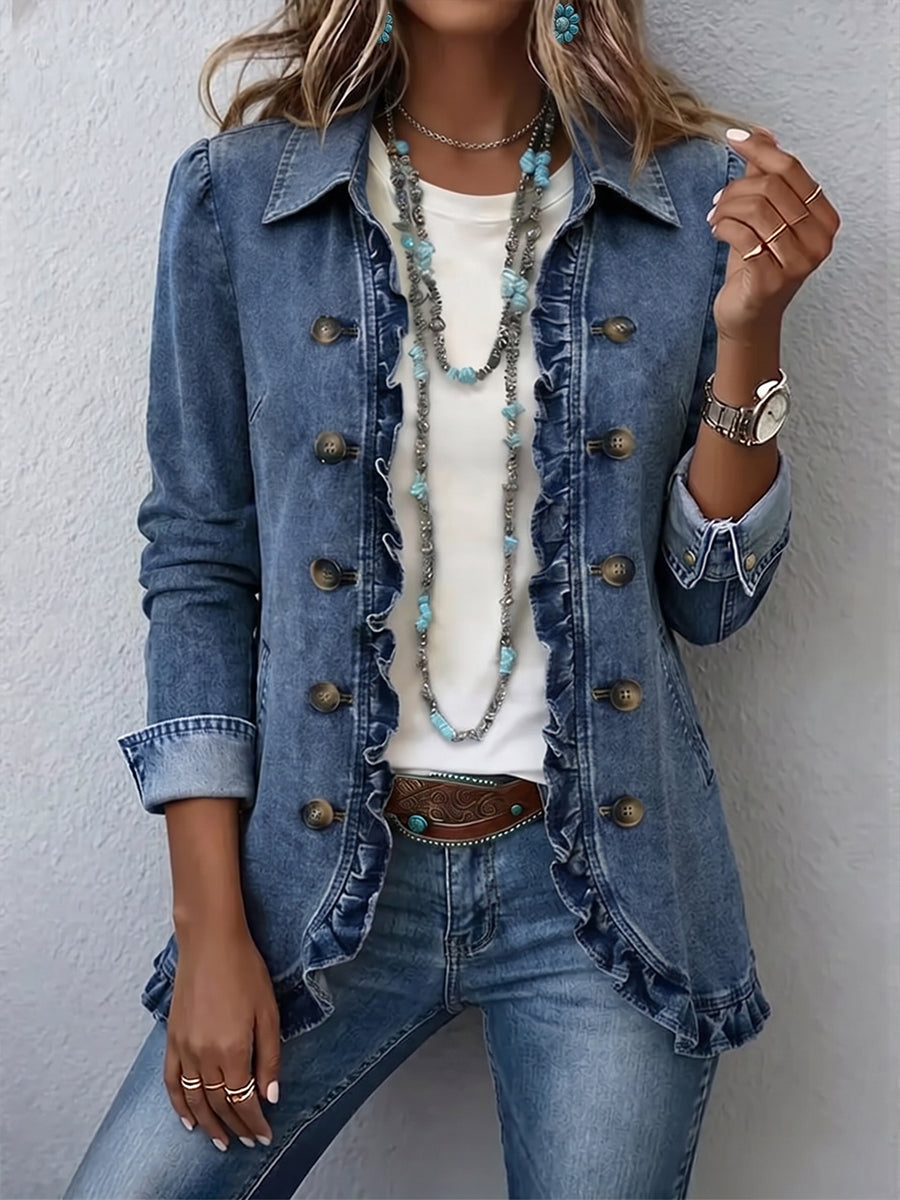 Vivienne™ | Ruffled Double-Breasted Denim Blazer