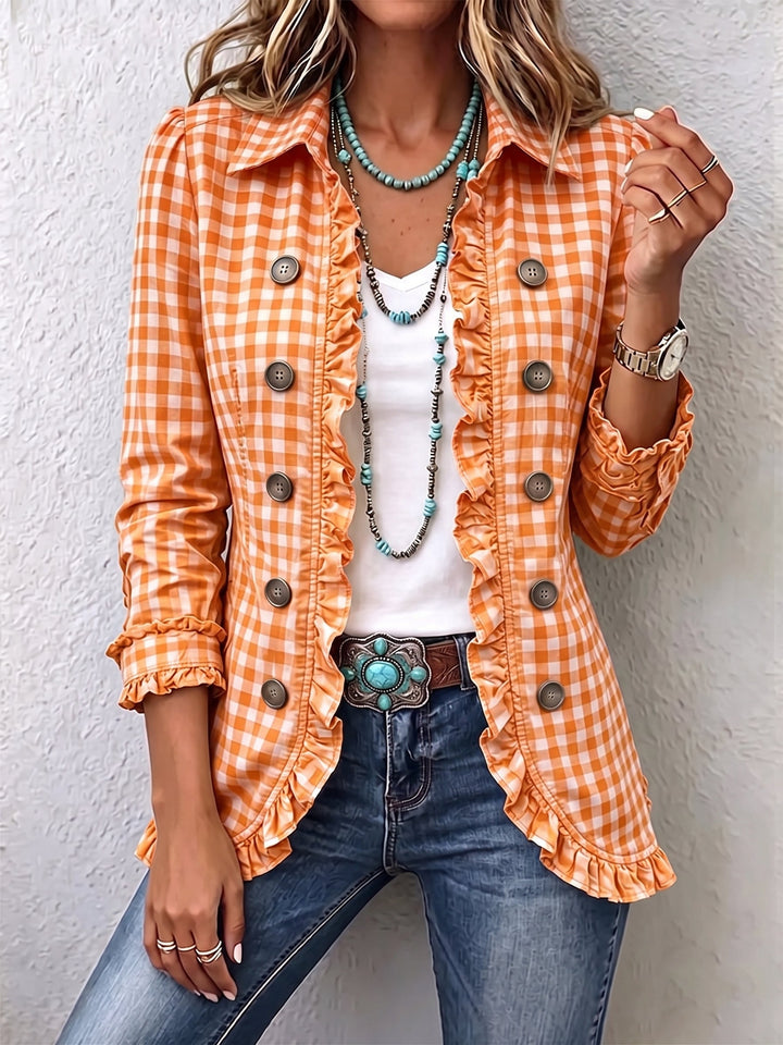 Célestine™ | Gingham Ruffle Double-Breasted Blazer