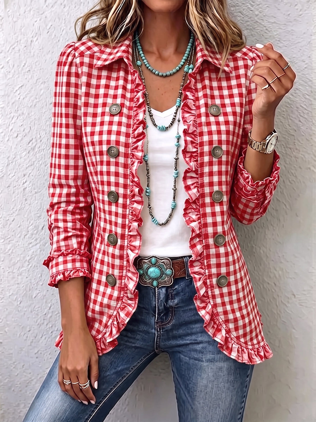Célestine™ | Gingham Ruffle Double-Breasted Blazer