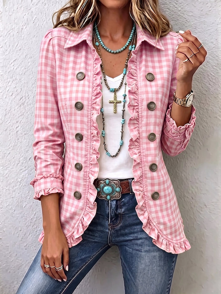Célestine™ | Gingham Ruffle Double-Breasted Blazer