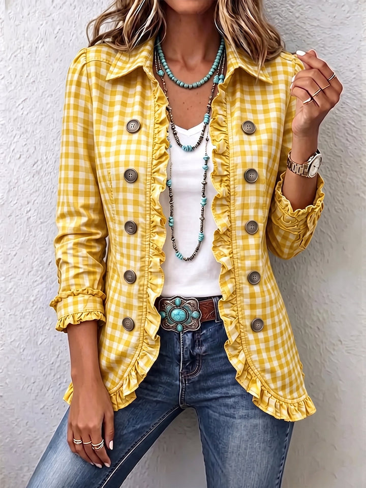 Célestine™ | Gingham Ruffle Double-Breasted Blazer