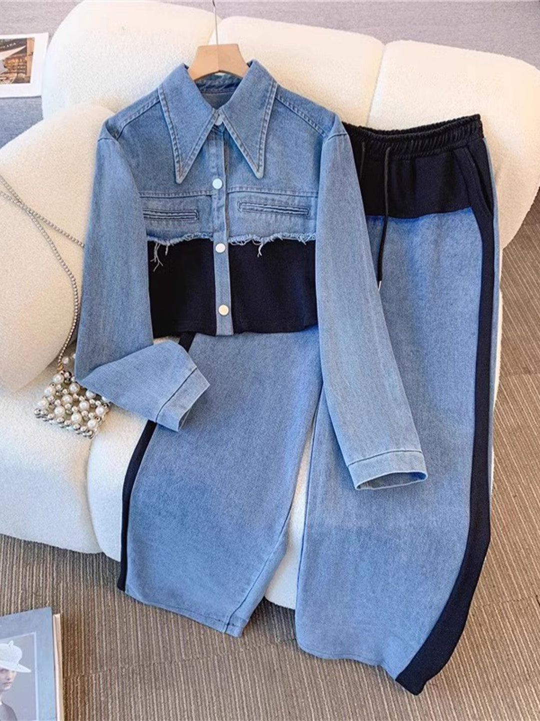 Amélie™ | Chic Denim Contrast Two-Piece Set